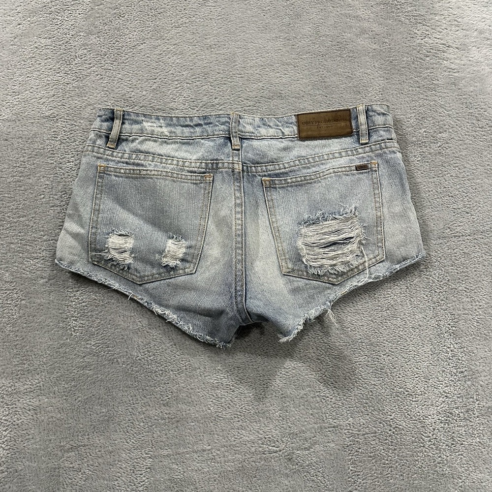 Obey Propaganda Mini Denim Shorts Women 27 Shortie Jorts Blue Festival Y2K Boho - Picture 3 of 5